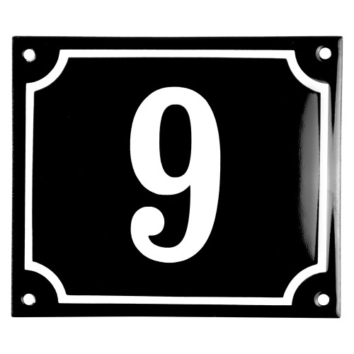Emaljskylt 9 svart - vit 14 x 12 cm modell 12-5