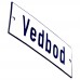 Emaljskylt Vedbod vit - blå 12 x 5 cm modell 1-5