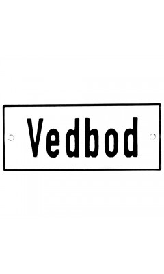 Emaljskylt Vedbod vit - svart 12 x 5 cm modell 2-5 Emaljskylt Vedbod vit - svart 12 x 5 cm modell 2-5