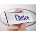 Emaljskylt Chefen vit - blå 12 x 5 cm modell 3-5