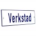 Emaljskylt Verkstad vit - blå 15 x 5 cm modell 1-5