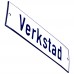 Emaljskylt Verkstad vit - blå 15 x 5 cm modell 1-5
