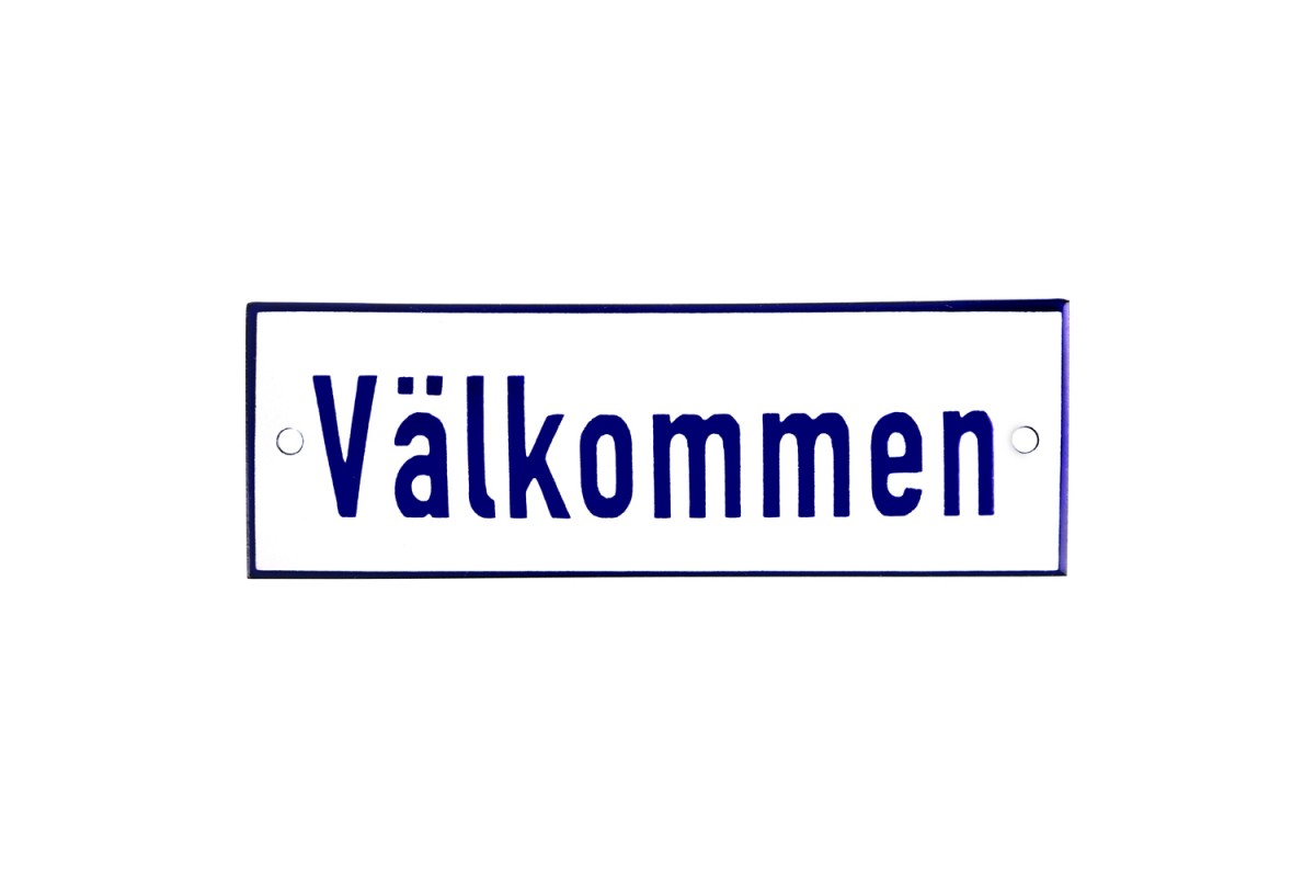 Emaljskylt Välkommen vit - blå 15 x 5 cm modell 1-5 Emaljskylt Välkommen vit - blå 15 x 5 cm modell 1-5