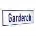 Emaljskylt Garderob vit - blå 15 x 5 cm modell 1-5