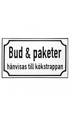 Emaljskylt Bud & paketer hänvisas till kökstrappan vit - svart 20 x 12 cm modell 39-5 Emaljskylt Bud & paketer hänvisas till kökstrappan vit - svart 20 x 12 cm modell 39-5