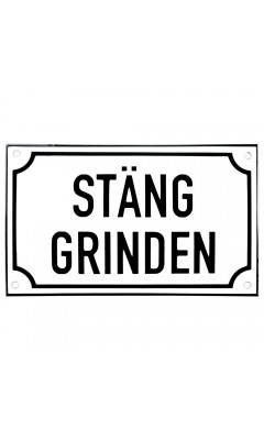 Emaljskylt STÄNG GRINDEN vit - svart 20 x 12 cm modell 39-5 Emaljskylt STÄNG GRINDEN vit - svart 20 x 12 cm modell 39-5
