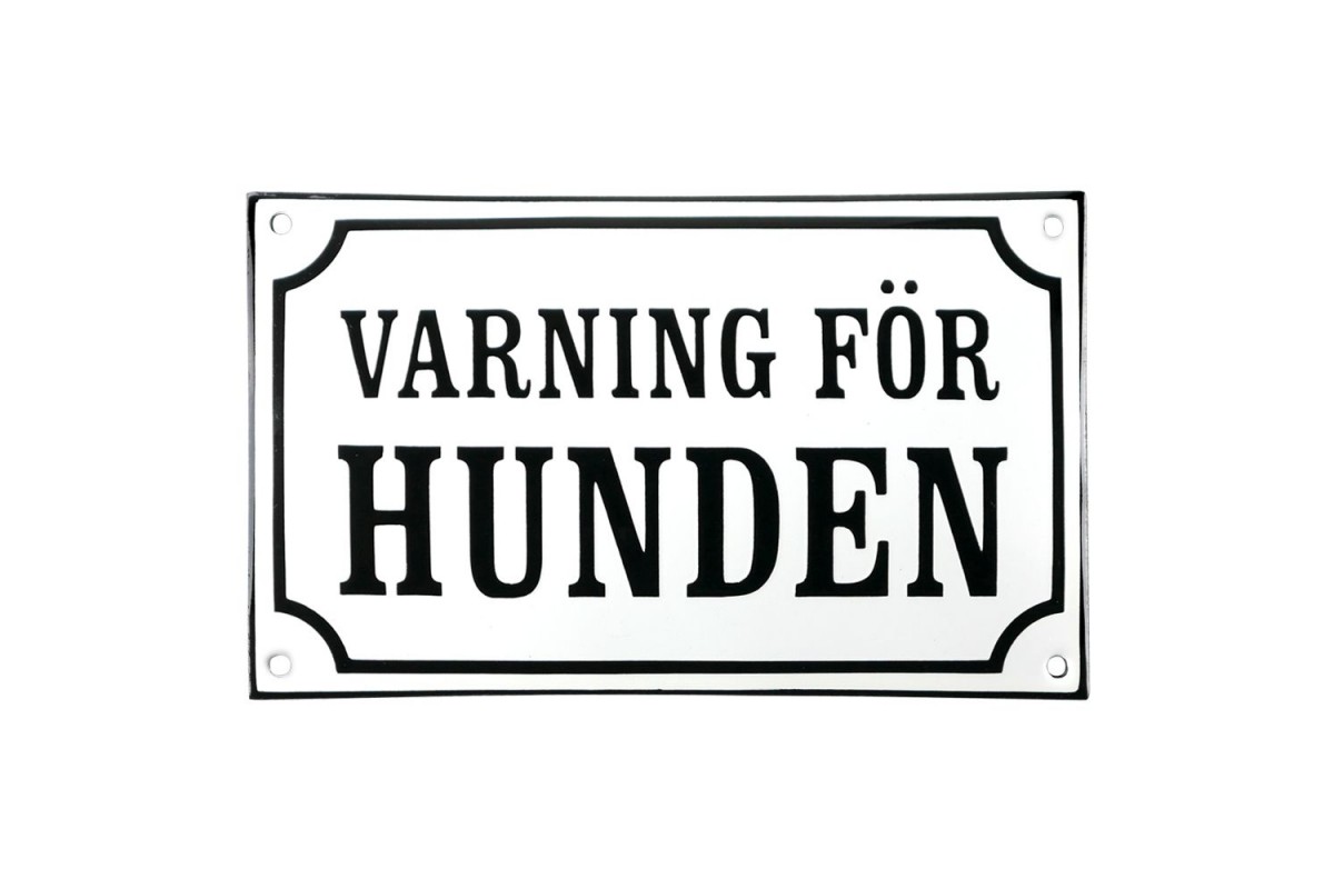 Emaljskylt VARNING FÖR HUNDEN vit - svart 20 x 12 cm modell 10-5 Emaljskylt VARNING FÖR HUNDEN vit - svart 20 x 12 cm modell 10-5