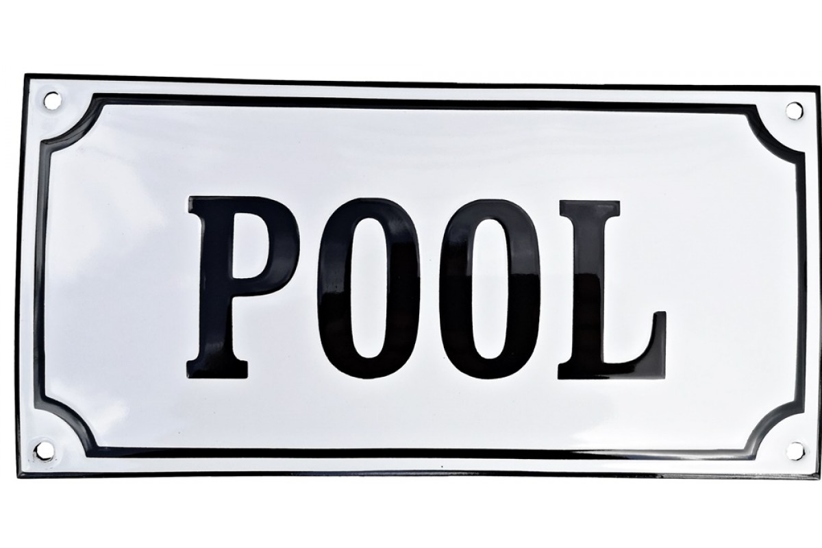 Emaljskylt POOL vit - svart 24 x 12 cm modell 10-5 Emaljskylt POOL vit - svart 24 x 12 cm modell 10-5